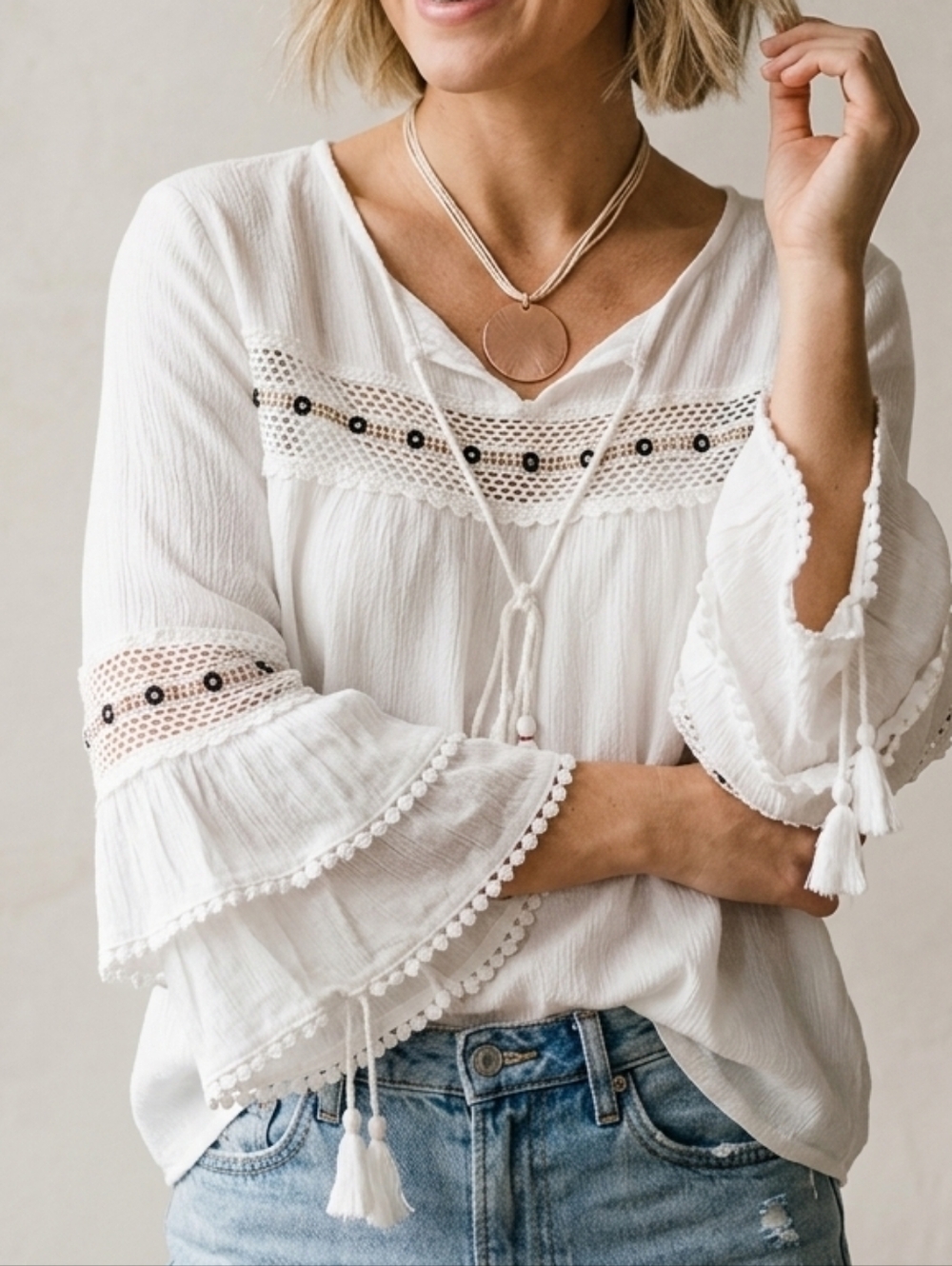 POL White Boho Peasant Blouse - Embellished Tassel Top - Size M
